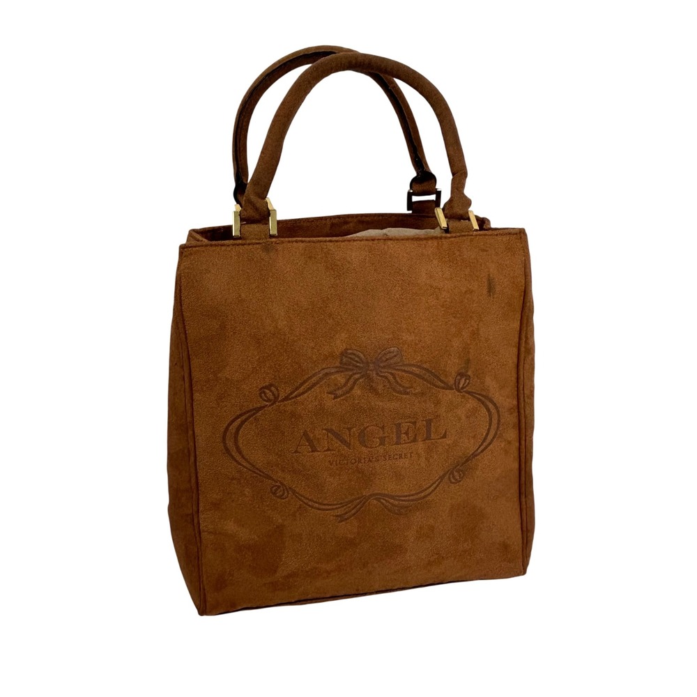 Victoria's Secret Angel Brown Faux Suede‎ Tote Bag Trellis Lining Vintage Y2k